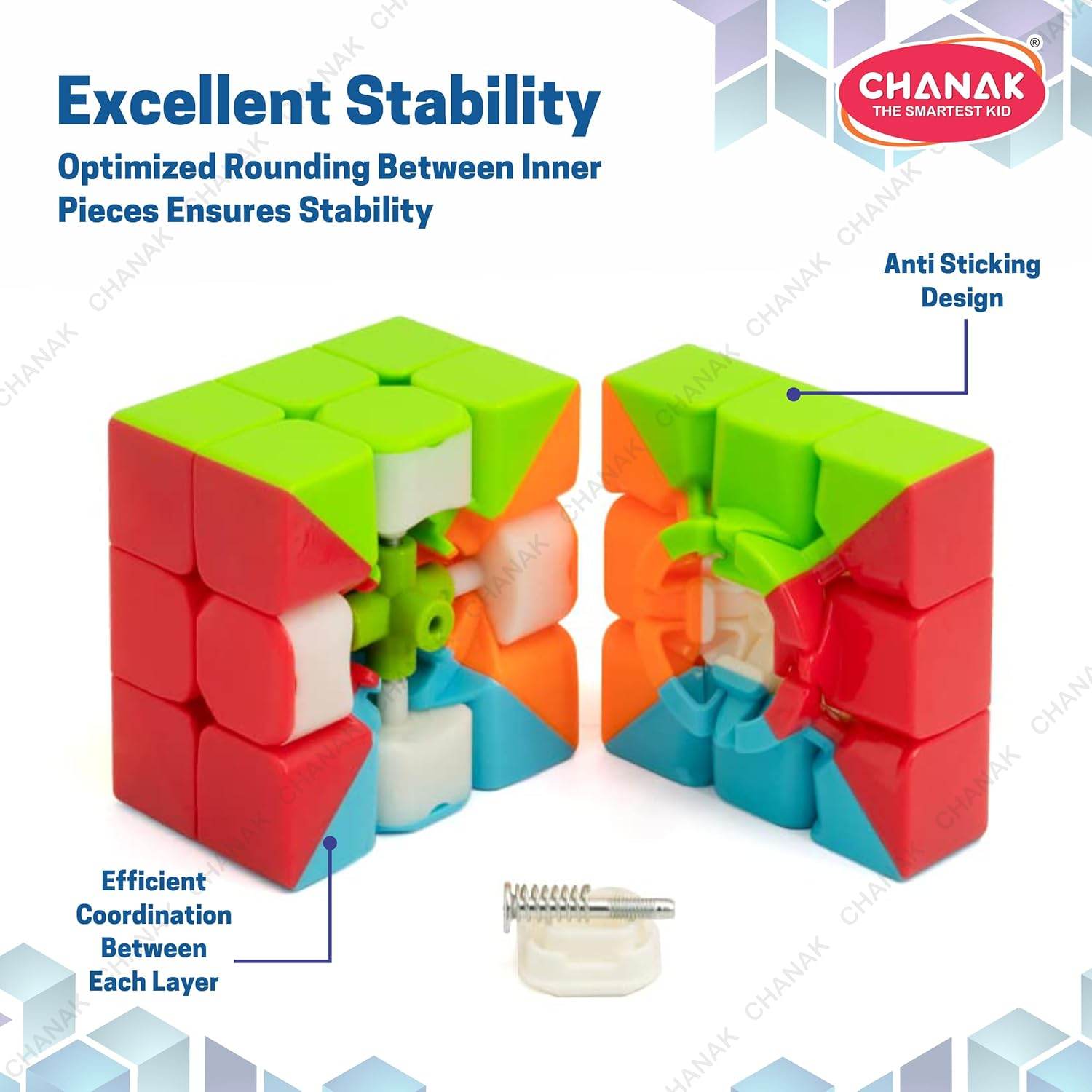 Chanak 3x3 speed cube for kids showing internal structure with anti sticking design and stable rounded inner pieces