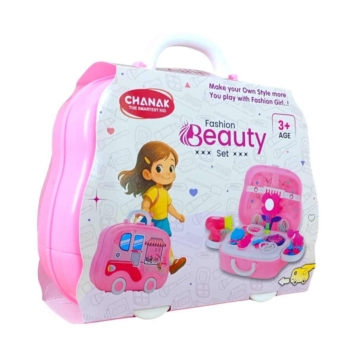 Pink beauty gift set for kids age 3 and up with makeup tools and play accessories