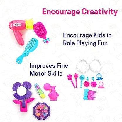 Chanak Beauty Set Suitcase On Wheel, The Ultimate Beauty Set On Wheels for Girls, Makeup Kit is Easy to Clean & Use, Portable Beauty Set with 23 Pieces for 3 Years BIS Approved. (Beauty Set Suitcase) - T-Rex the toyland Sitamarhi