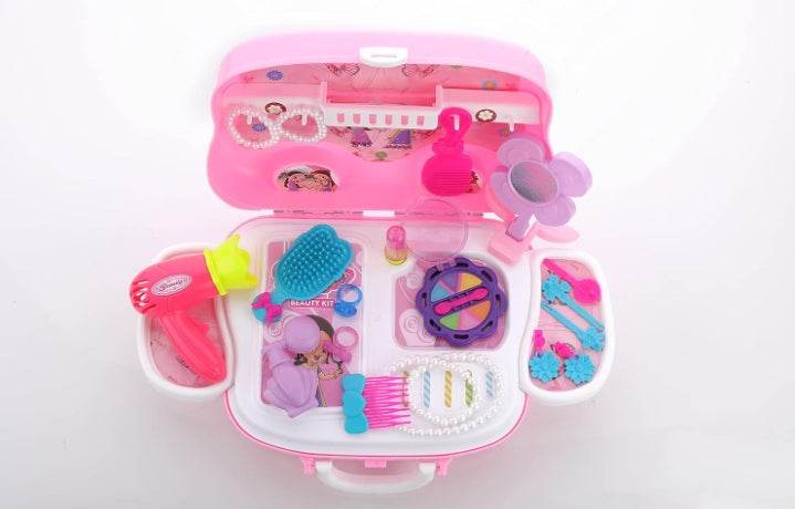 Chanak Beauty Set Suitcase On Wheel, The Ultimate Beauty Set On Wheels for Girls, Makeup Kit is Easy to Clean & Use, Portable Beauty Set with 23 Pieces for 3 Years BIS Approved. (Beauty Set Suitcase) - T-Rex the toyland Sitamarhi
