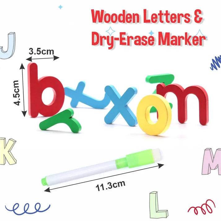 Colorful wooden letters and dry-erase marker for the bee game spelling activity for kids