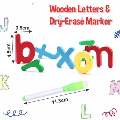 Colorful wooden letters and dry-erase marker for the bee game spelling activity for kids