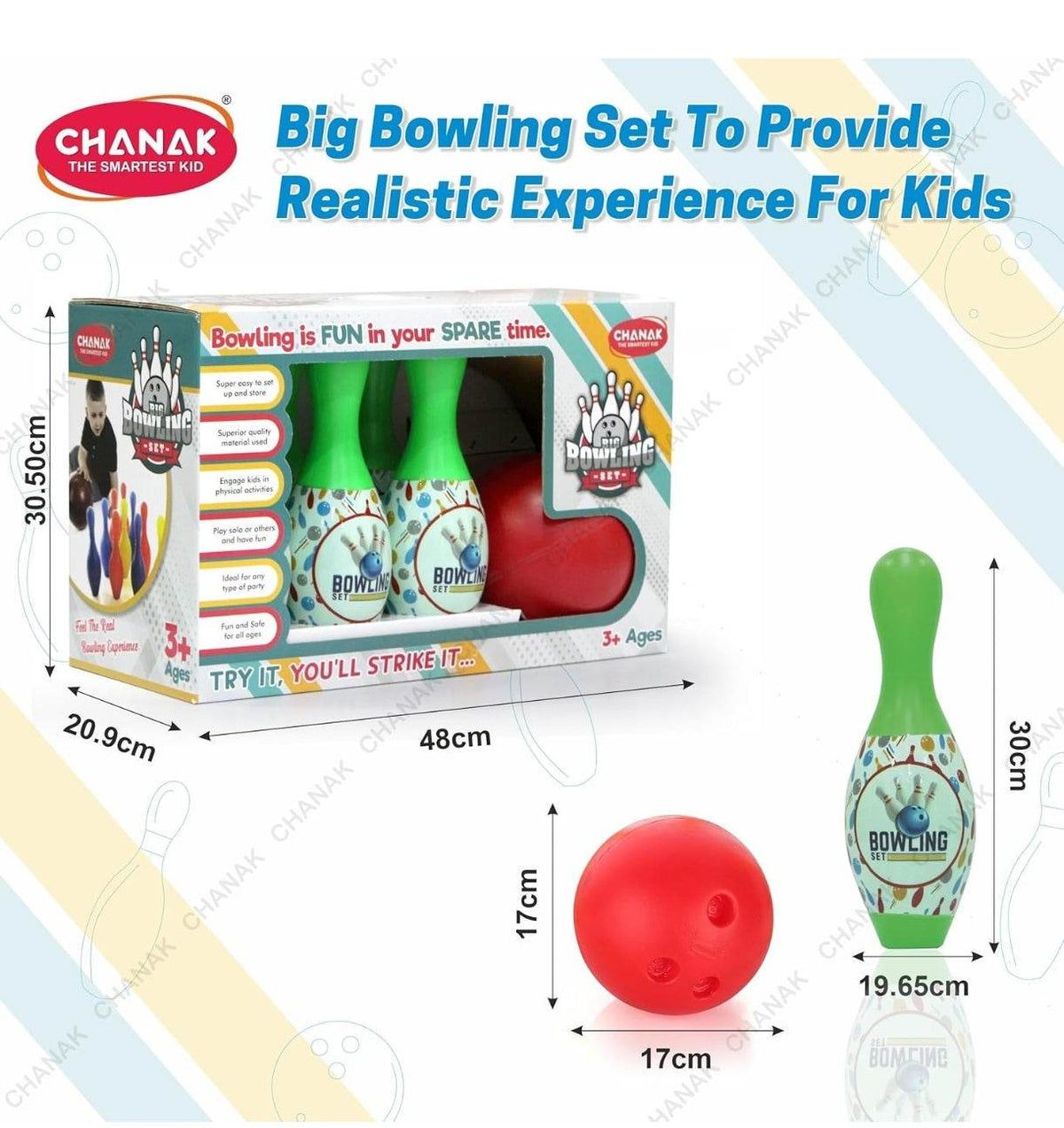Colorful bowling pins set-up for kids with a red ball, suitable for ages 3 and up