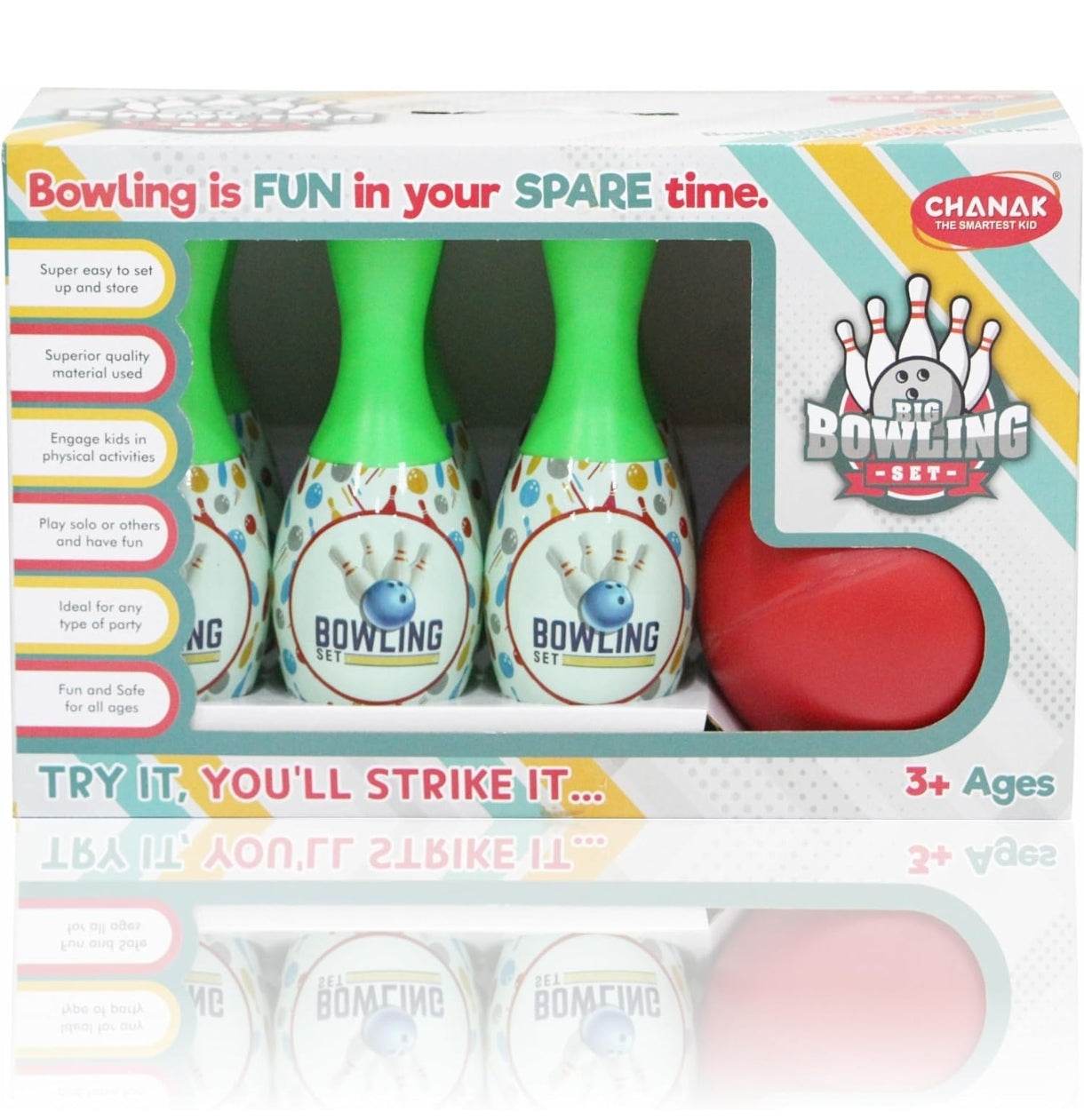 Colorful bowling pins set-up with ball for kids aged 3 and up, promoting fun playtime