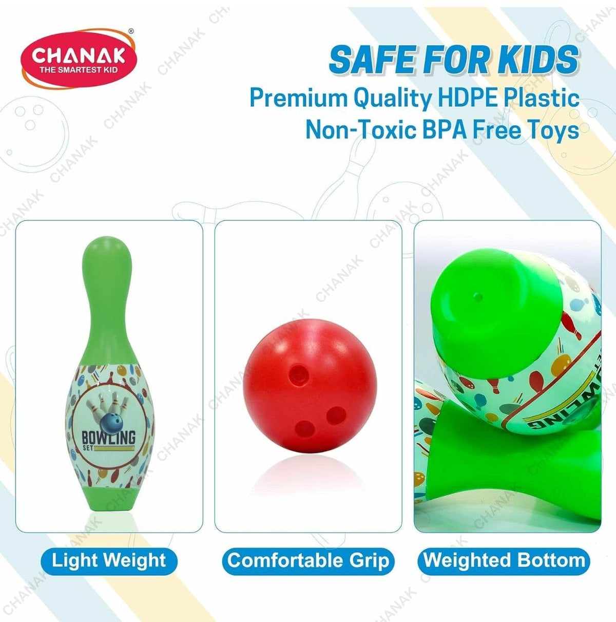 Colorful bowling pins set-up for kids, crafted from lightweight, non-toxic materials