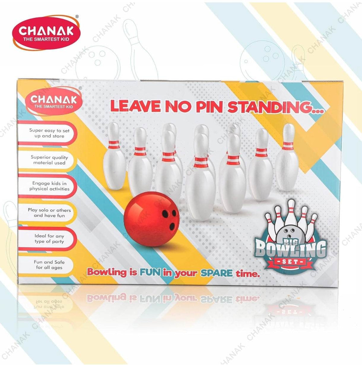 Bowling pins set-up with red ball for family fun, suitable for all ages