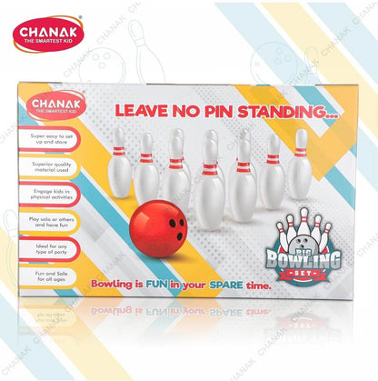 Bowling pins set-up with red ball for family fun, suitable for all ages