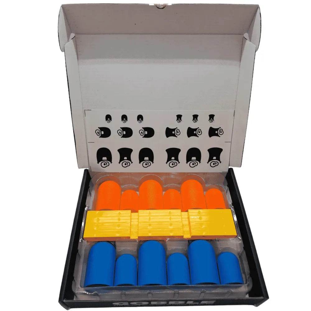 Chanak Gobble board game in a black box featuring colorful orange, blue, and yellow plastic pieces