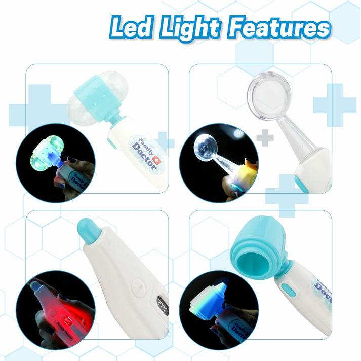 Child's doctor kit with LED light features for imaginative play and early learning