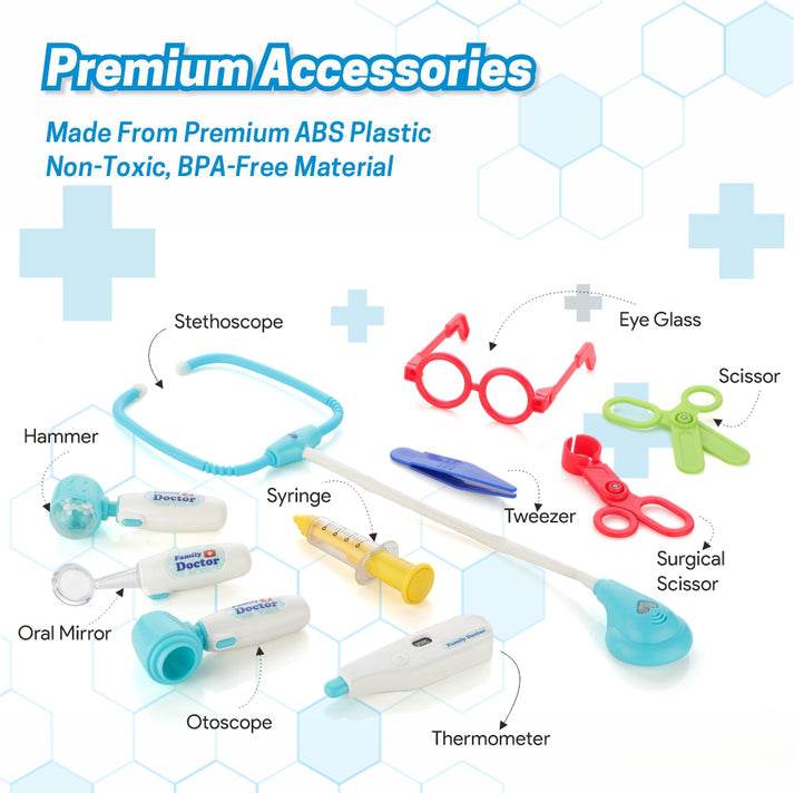 Colorful childs doctor kit with stethoscope and tools for imaginative play aged 3-6 years