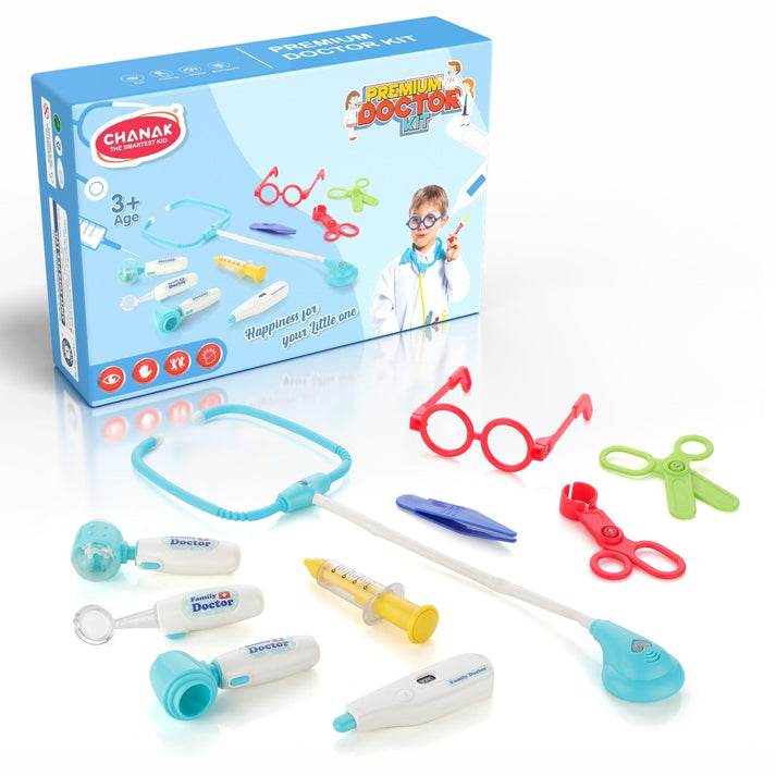 Colorful child's doctor kit with medical tools, glasses, and accessories for pretend play age 3 and up