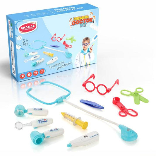 Colorful child's doctor kit with medical tools, glasses, and accessories for pretend play age 3 and up