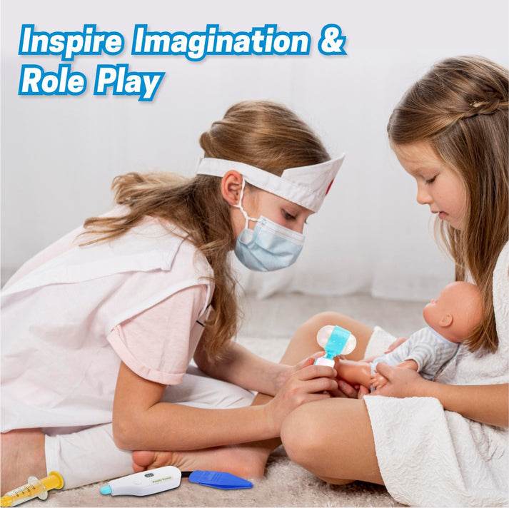 Childs doctor kit for imaginative role play with two kids treating a baby doll