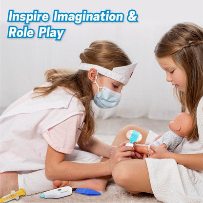Childs doctor kit for imaginative role play with two kids treating a baby doll