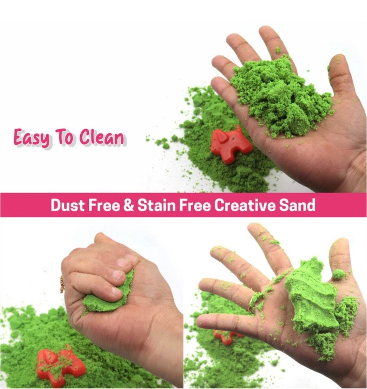 Creative sand kit for kids with dust free and stain free easy to clean green sand molding shapes