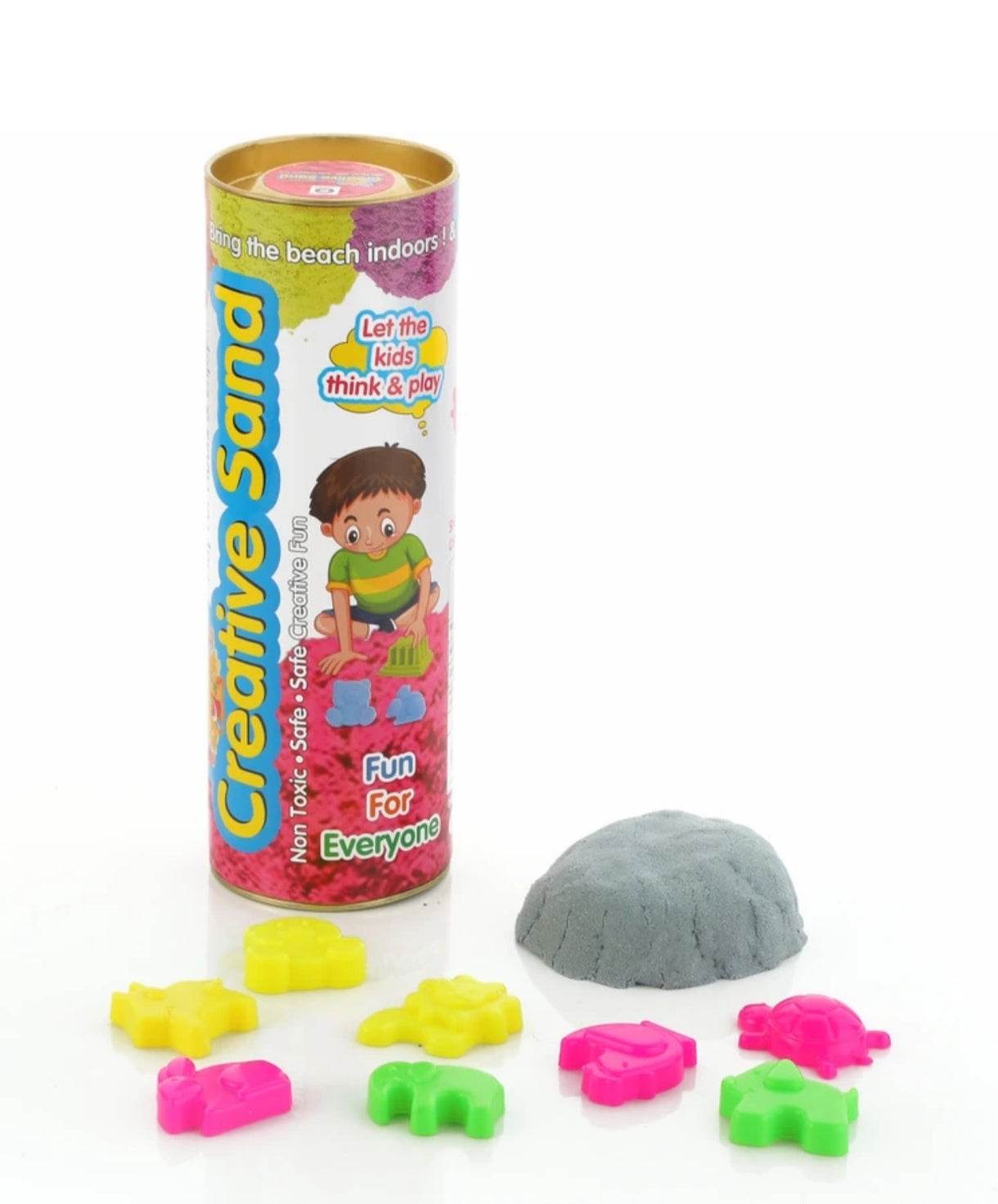 Creative sand kit for kids with gray sand and colorful animal molds for indoor play