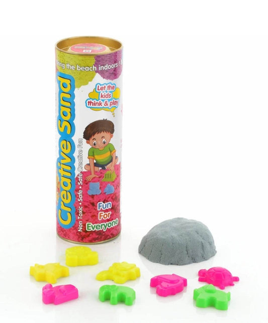 Creative sand kit for kids with gray sand and colorful animal molds for indoor play