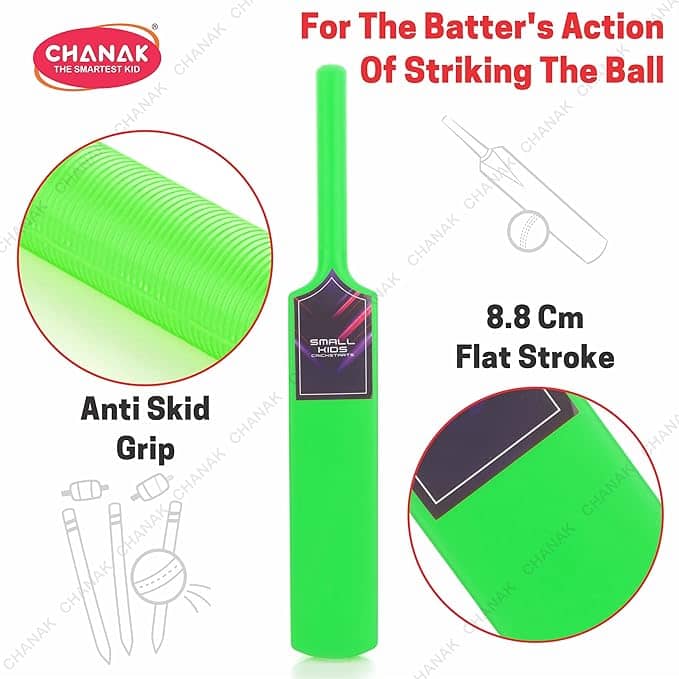 Green cricket bat with anti-skid grip for kids, ideal for practicing cricket actions