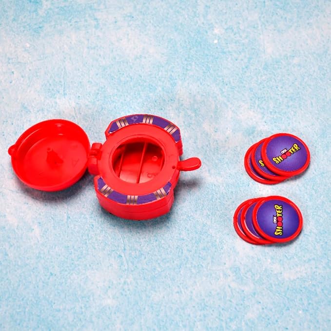Red toy box for kids with colorful lids and game tokens for fun play