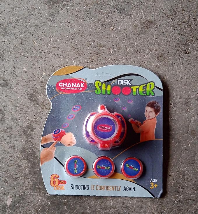 Colorful toy disk shooter for kids age 3 and up, includes six disks for action play