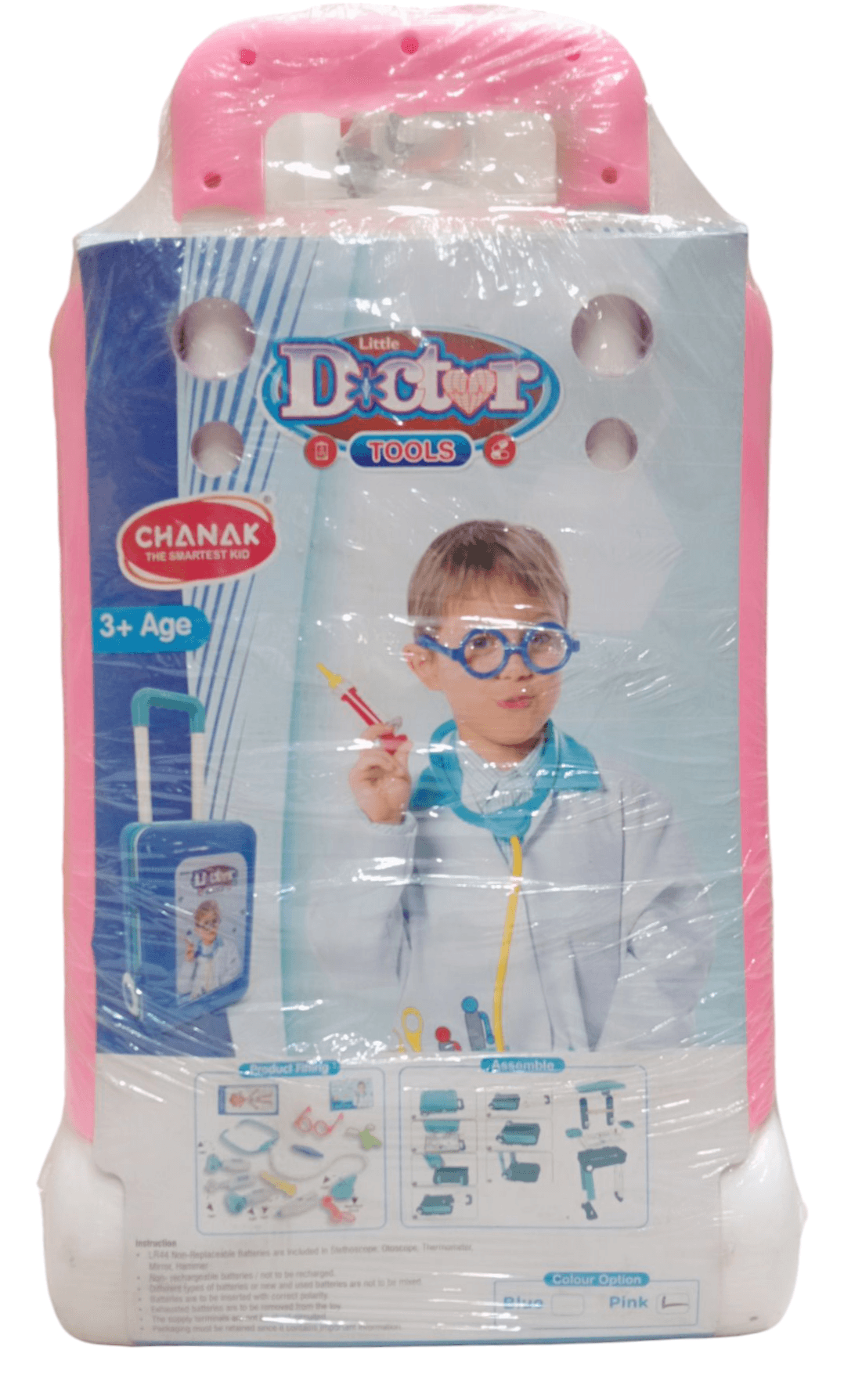 Doctor trolley toy set for children with pink handle and medical play tools for kids aged 3 and above
