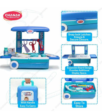 Doctor trolley toy set for children with snap-lock latches, expansion board, easy to carry handle, and compact storage