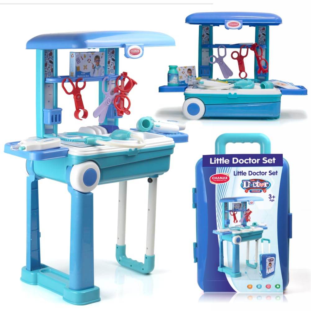 Doctor trolley toy set for children with medical accessories and play hospital setup in blue