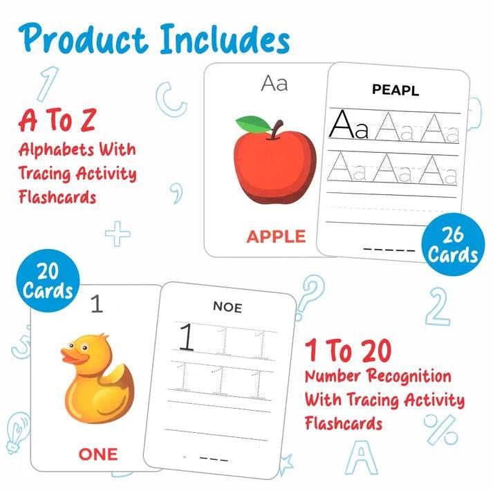 Educational flashcards featuring A to Z alphabets and 1 to 20 number recognition for preschoolers