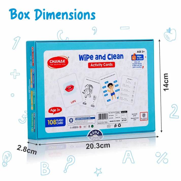 Blue educational flashcards for ages 3 and up featuring wipe-clean activity cards
