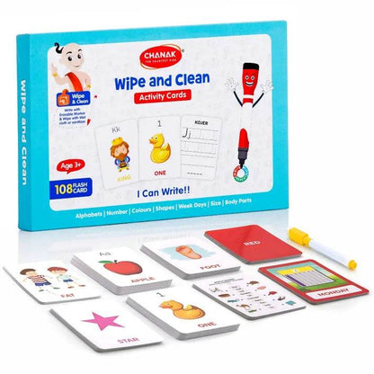 Colorful wipe and clean educational flashcards for ages 3+ featuring letters, numbers, and shapes