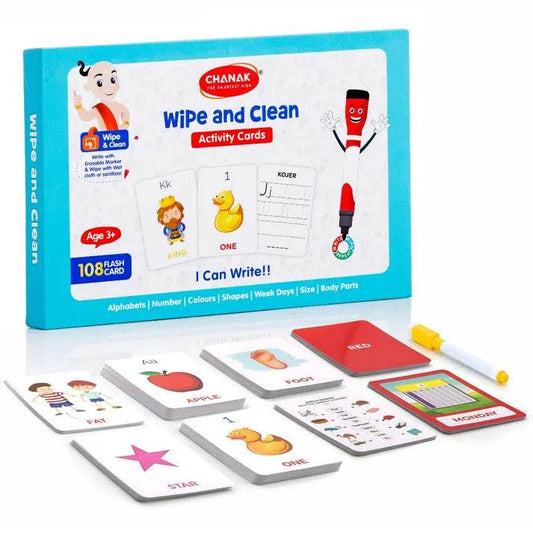 Colorful wipe and clean educational flashcards for ages 3+ featuring letters, numbers, and shapes
