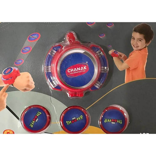 Aditi Toys hand disk shooter toy for kids in red and blue with a child playing and shooting discs