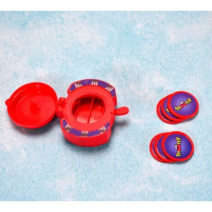 Aditi Toys hand disk shooter toy for kids with red shooter and blue disks on a light blue background