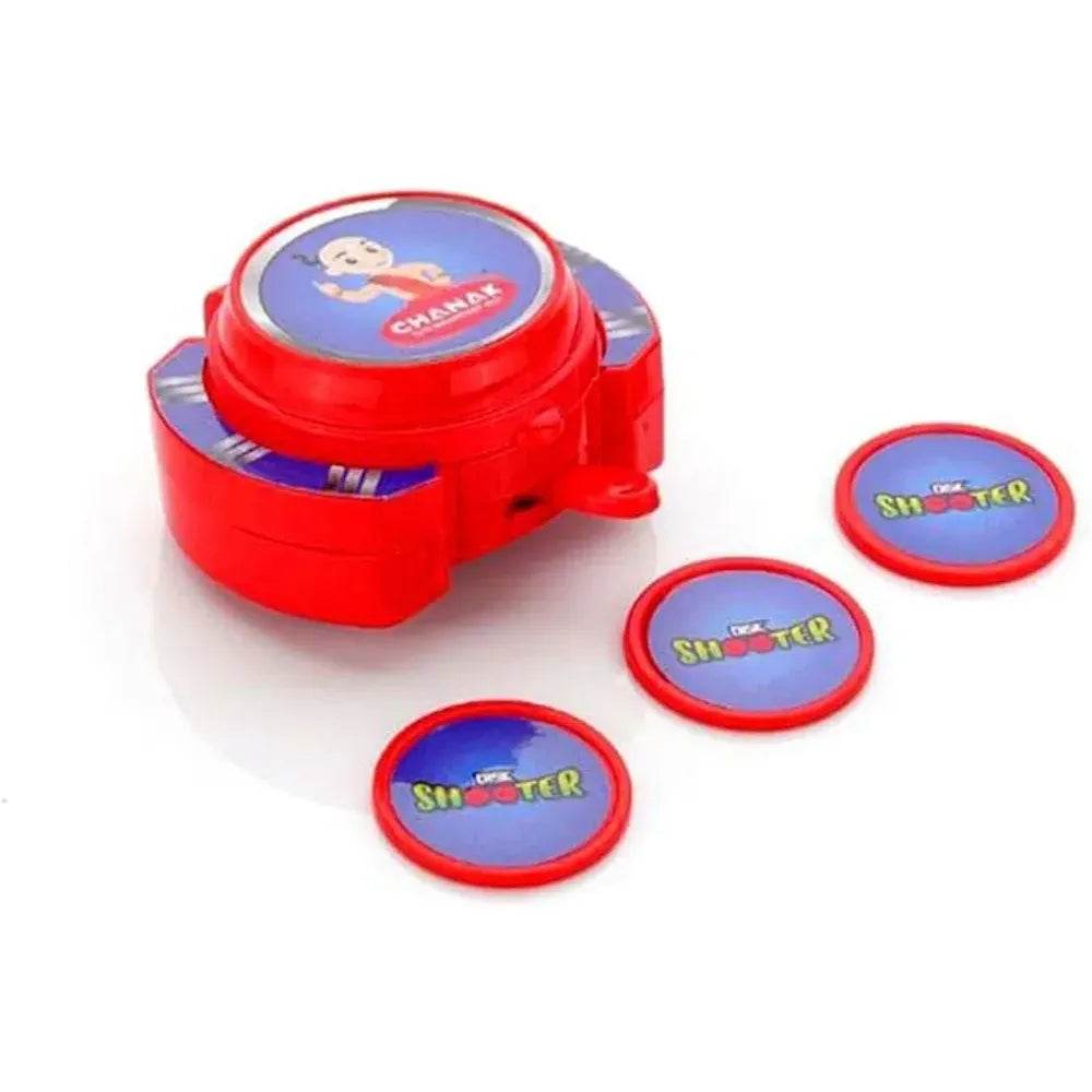 Aditi Toys hand disk shooter toy for kids with red plastic launcher and three blue and red disks