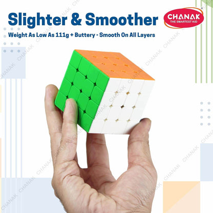 Chanak high speed 4x4 cube puzzle held in hand showcasing smooth layers and lightweight design