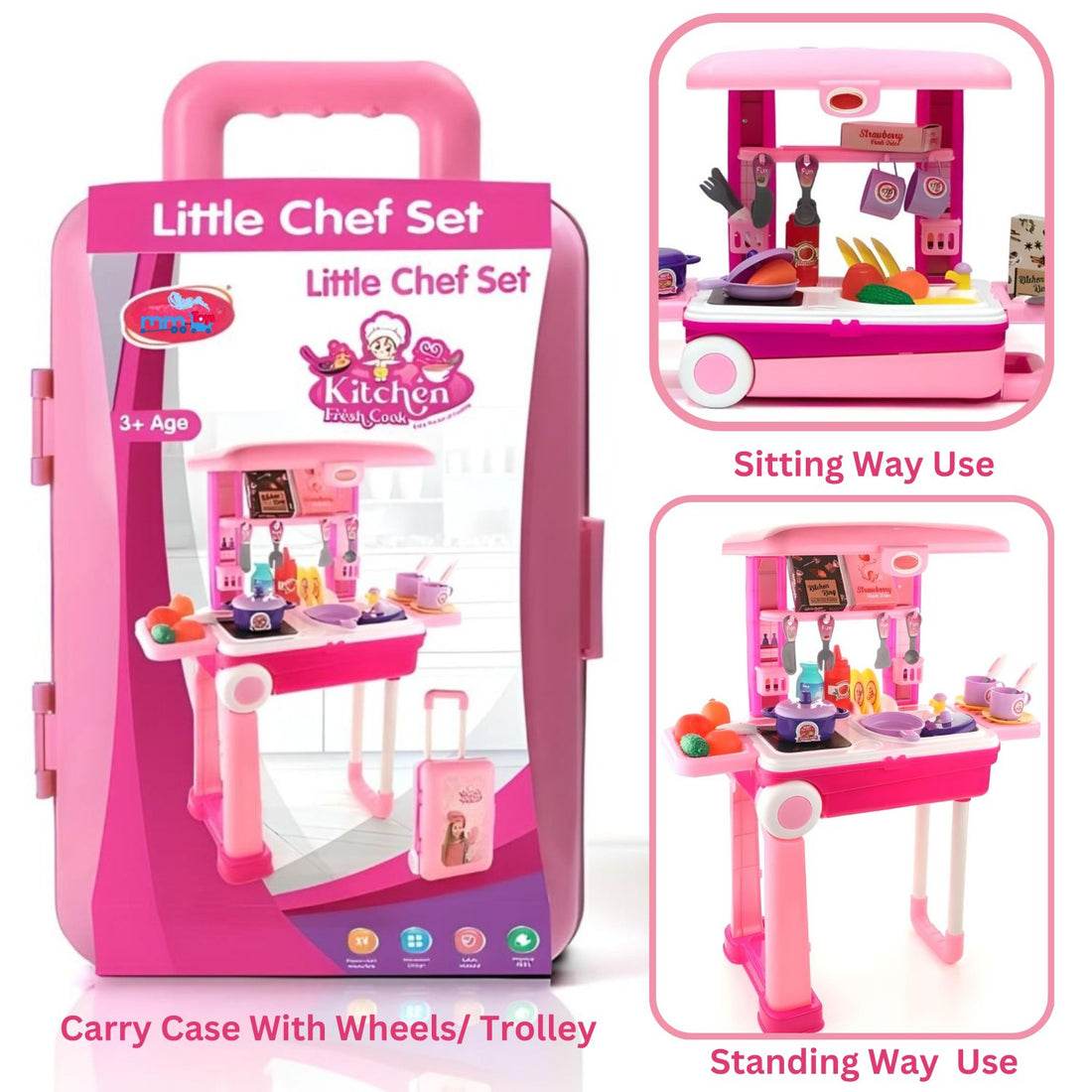 Kids kitchen play set with lights in pink with carry case trolley for sitting and standing use