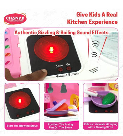 Kids kitchen play set with lights featuring a red glowing stove and realistic sizzling sound effects