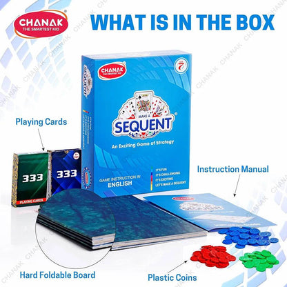 Chanak Make A Sequent game box with playing cards, instruction manual, hard foldable board, and plastic coins