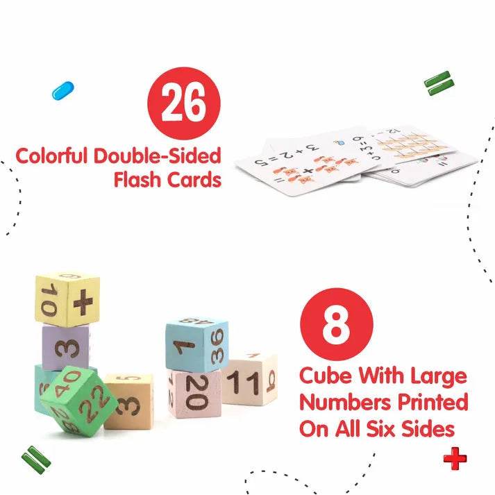 Colorful Montessori educational toys with 26 flash cards and 8 numbered cubes for early learning