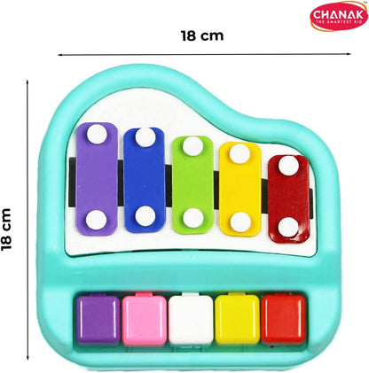 Colorful musical xylophone toy for kids with 5 rainbow keys and matching buttons in a turquoise frame