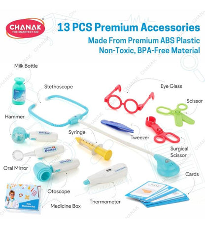 Premium doctor play kit for kids with 13 pieces including stethoscope syringe thermometer and medicine box