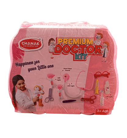Premium doctor play kit for kids with toy stethoscope, syringe, scissors, and glasses in pink packaging