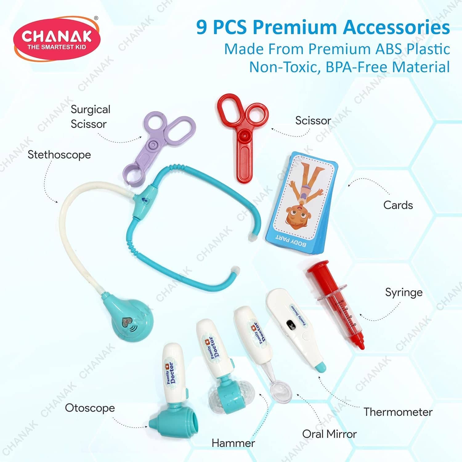 9-piece pretend to play doctor set in colorful ABS plastic for ages 3 and up
