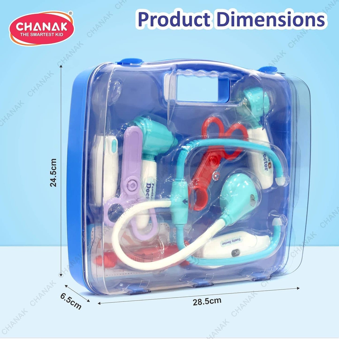 Blue medical playset for kids with stethoscope, thermometer, and tools for pretend to play