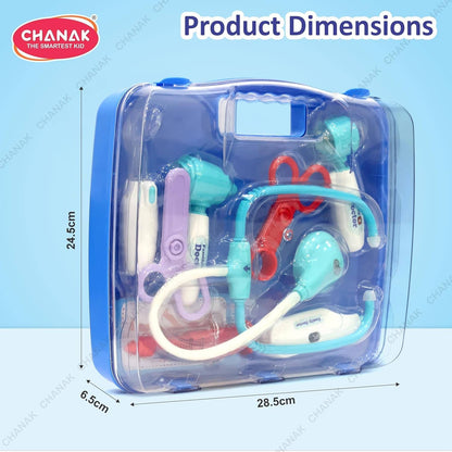 Blue medical playset for kids with stethoscope, thermometer, and tools for pretend to play