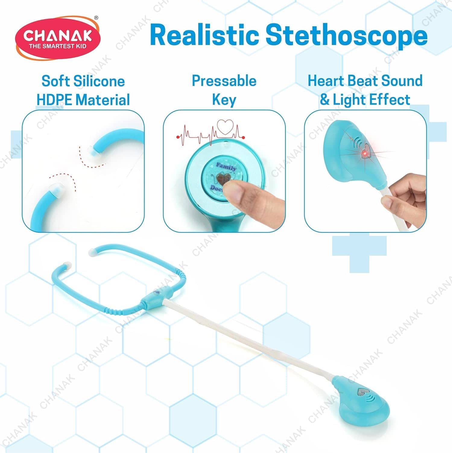Blue realistic stethoscope for pretend to play, made of soft silicone for kids aged 3 years and up