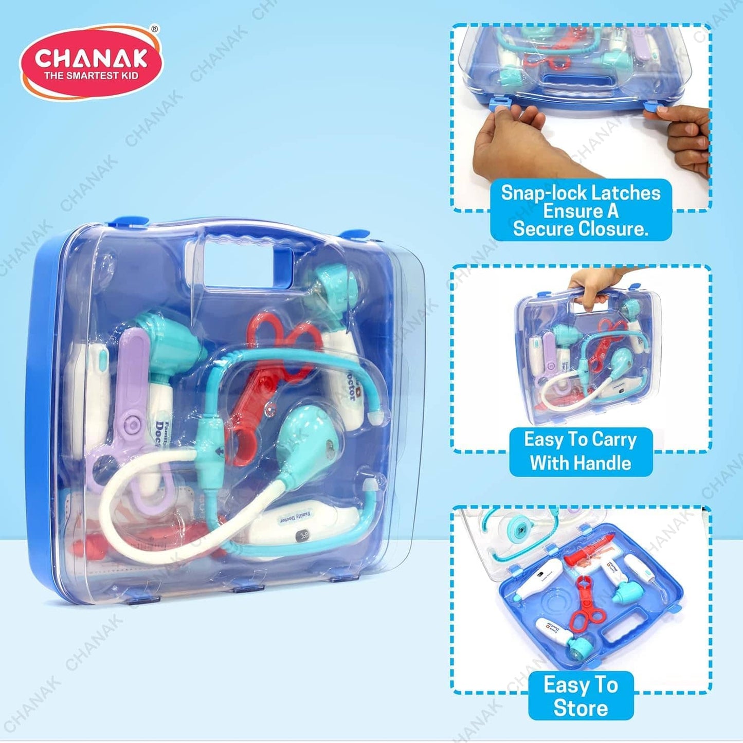 Pretend to play doctor kit in a blue case for kids; includes toy medical tools and easy carry handle
