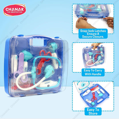 Pretend to play doctor kit in a blue case for kids; includes toy medical tools and easy carry handle