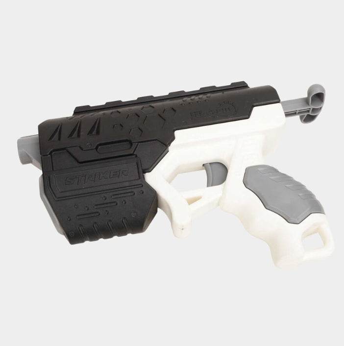 Striker toy gun with soft bullets in black and white with gray handle for safe play