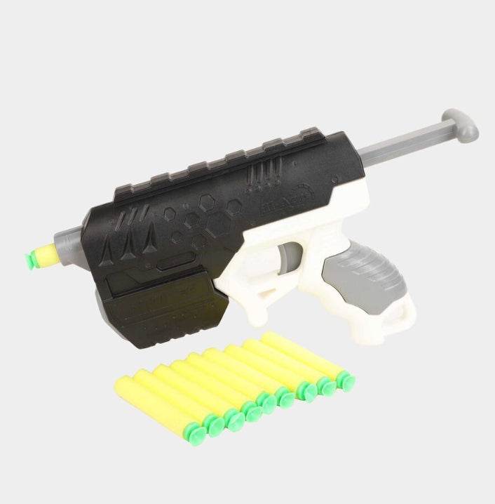 Striker toy gun with soft bullets in black and white design with yellow foam darts